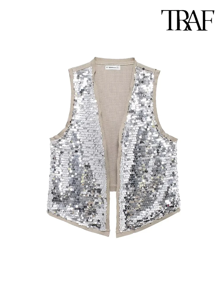 TRAF Women Fashion Sexy Sleeveless Cardigan Vest + Zipper Mini Skirt Temperament Two Piece Sequin Decoration Elegant Casual Set