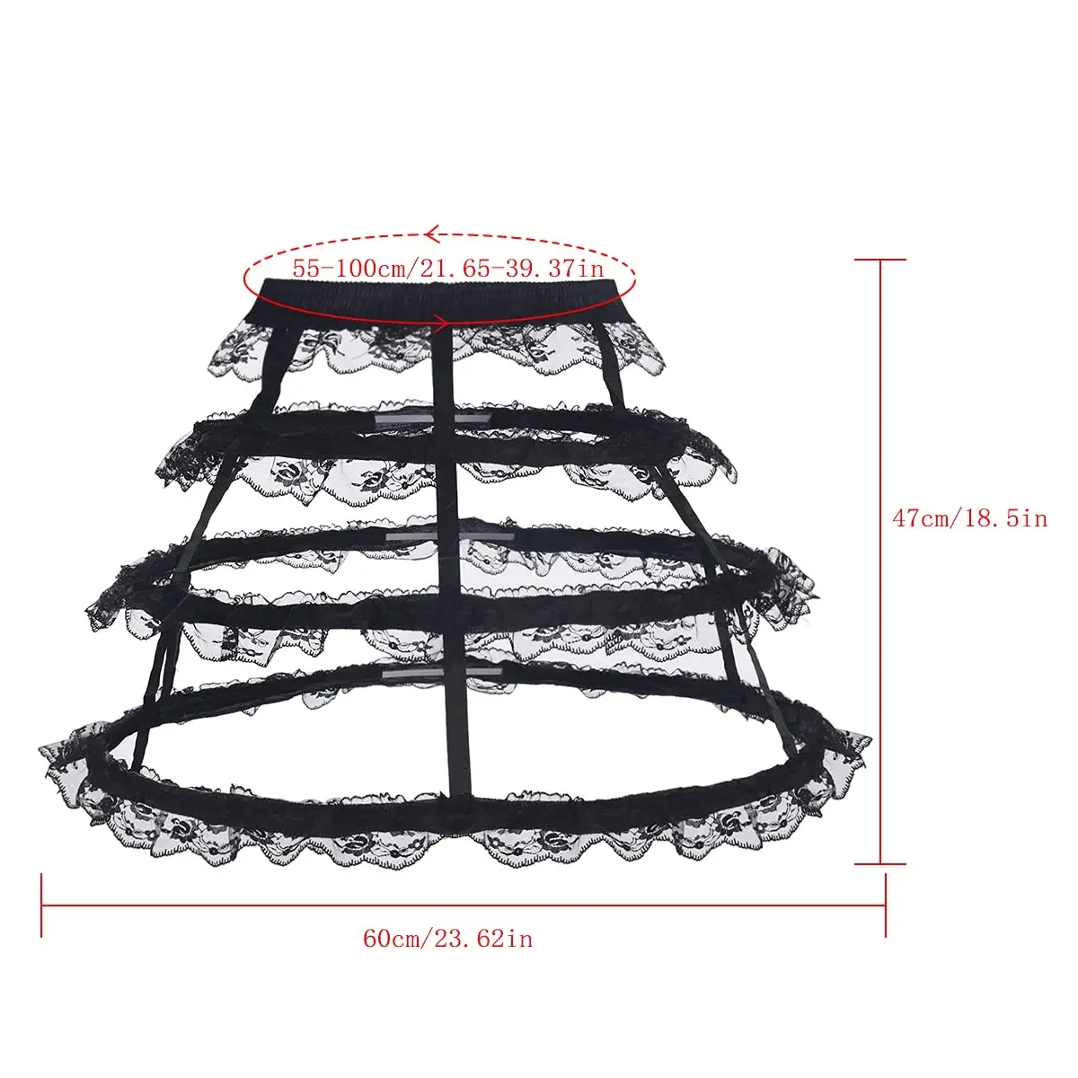 Jupon en dentelle creuse noire pour femme, 3 cerceaux, 4 couches, sous-jupe, robe de Rh, ceinture, lolita, sacoche de danse, crinoline