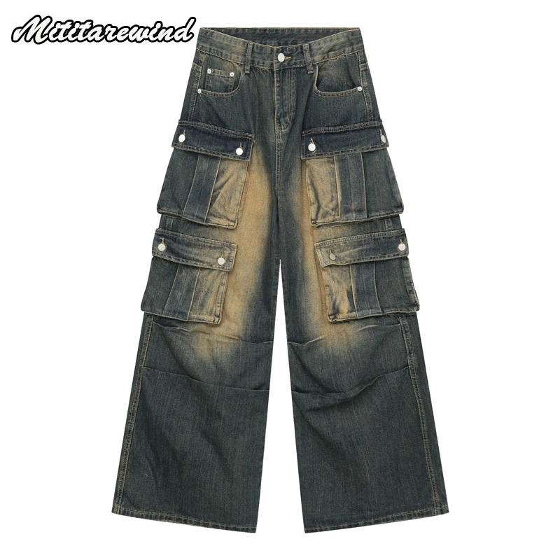 

Vintage Men's Jeans Cargo Style Multi Porkets Design High Street Wide Leg Pants For Men Y2k Vibe Retro Trousers Four Seasons