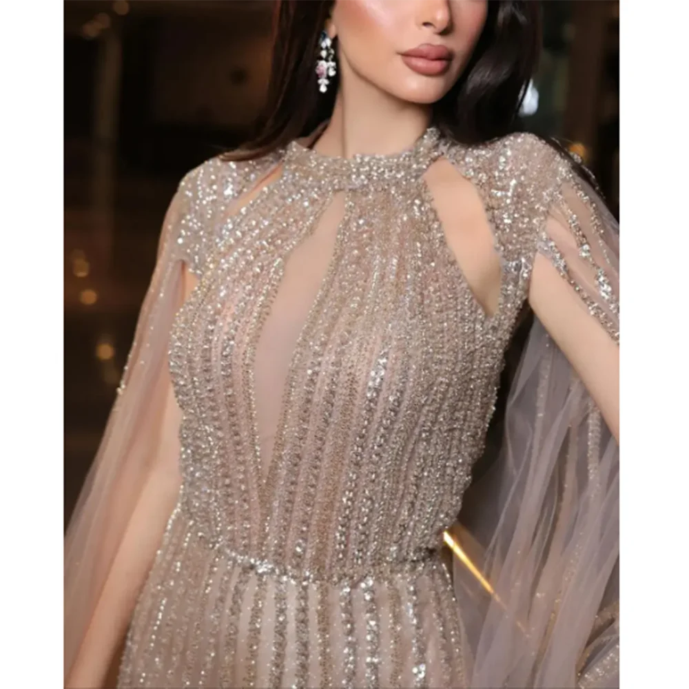 Formal Classy Women Evening Party Dresses Floor Length A-Line Full Sleeves Shiny Beaded Illusion Female Prom Banquet Gowns