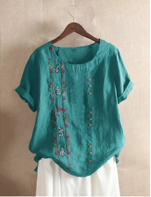 2024 Summer Female Cotton Linen Shirts Short Sleeve Vintage Floral Embroidery Long Loose Women\'s Blouse Casual Lady Top S-5XL