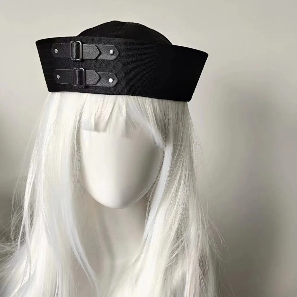 Cute Black Leather Buckle Sailor Hat Sweet PU Chain Captain Hat Versatile Y2K Vintage Beret Seaside Photos