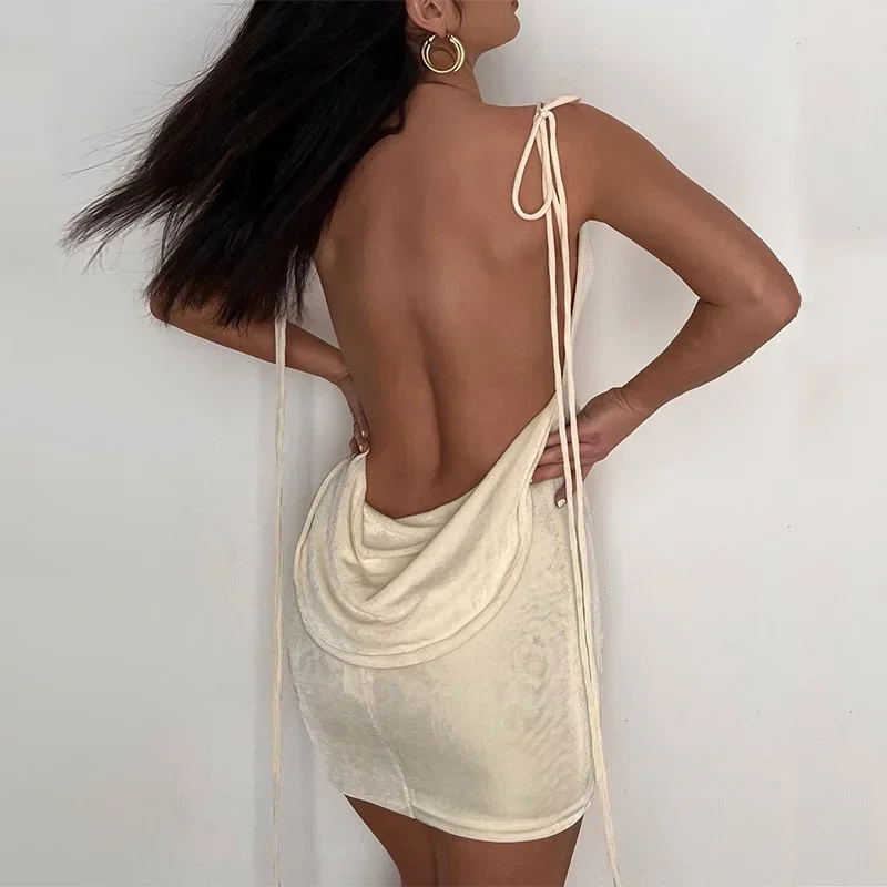 Spaghetti Strap Backless Mini Kleid Für Frauen Robe Sommer Neue Off-schulter Ärmel Bodycon Kurzes Kleid Vestidos