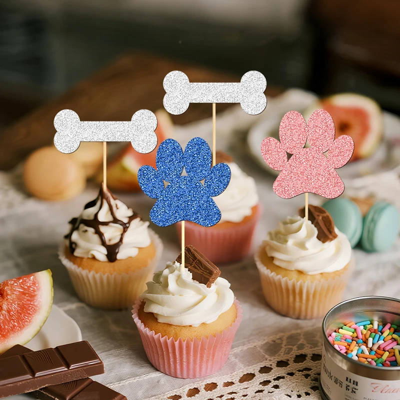 YOMDID 24 Stück Cupcake-Topper für Hunde, glitzernde Welpen, Pfote und Knochen, Cupcake-Topper, Cupcake-Picks für Hunde, Geburtstagskuchen-Dekoration – Detail 1