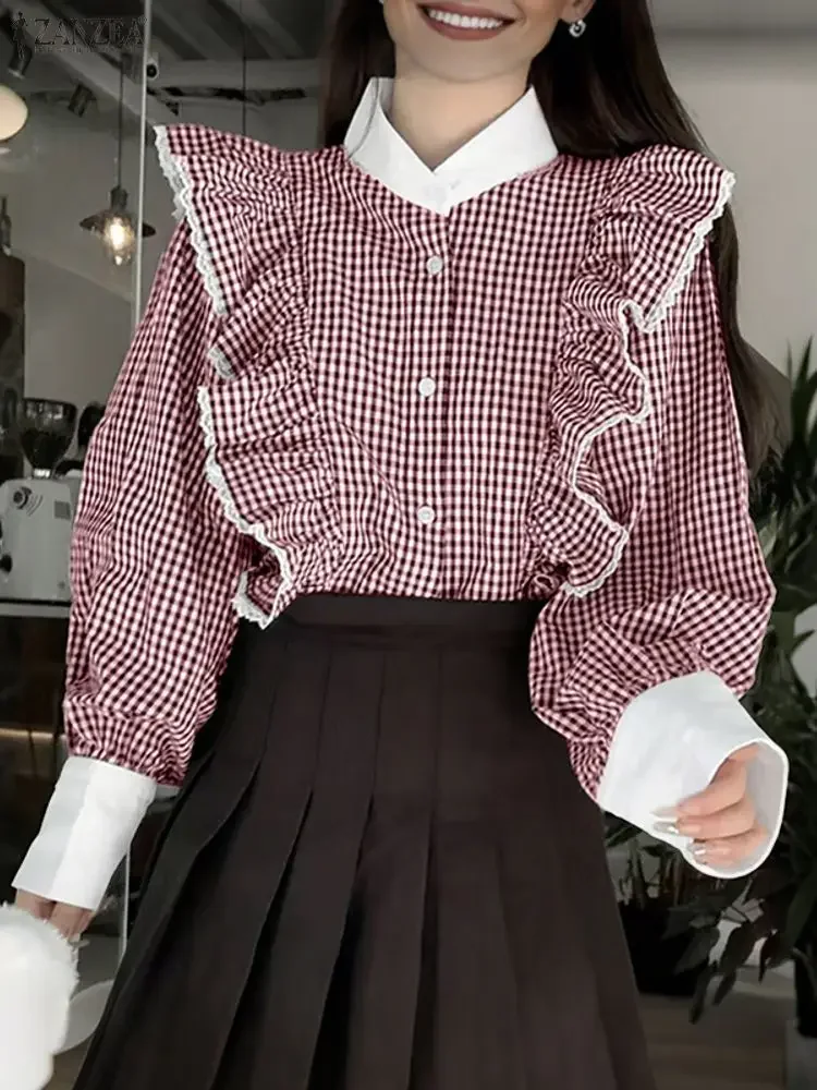 

2025 ZANZEA Fashion Women's Shirts Long Puff Sleeve Ruffled Tops Casual Plaid Blouse Stand Collar Elegant Streetwear Blusas