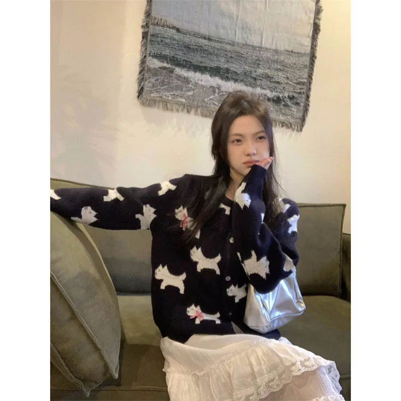 

Women Clothing Elegant Chic Small Dog Knit Cardigan Autumn Winter Casual All-match Loose Long Sleeve Cardigan Lady O-neck Tops