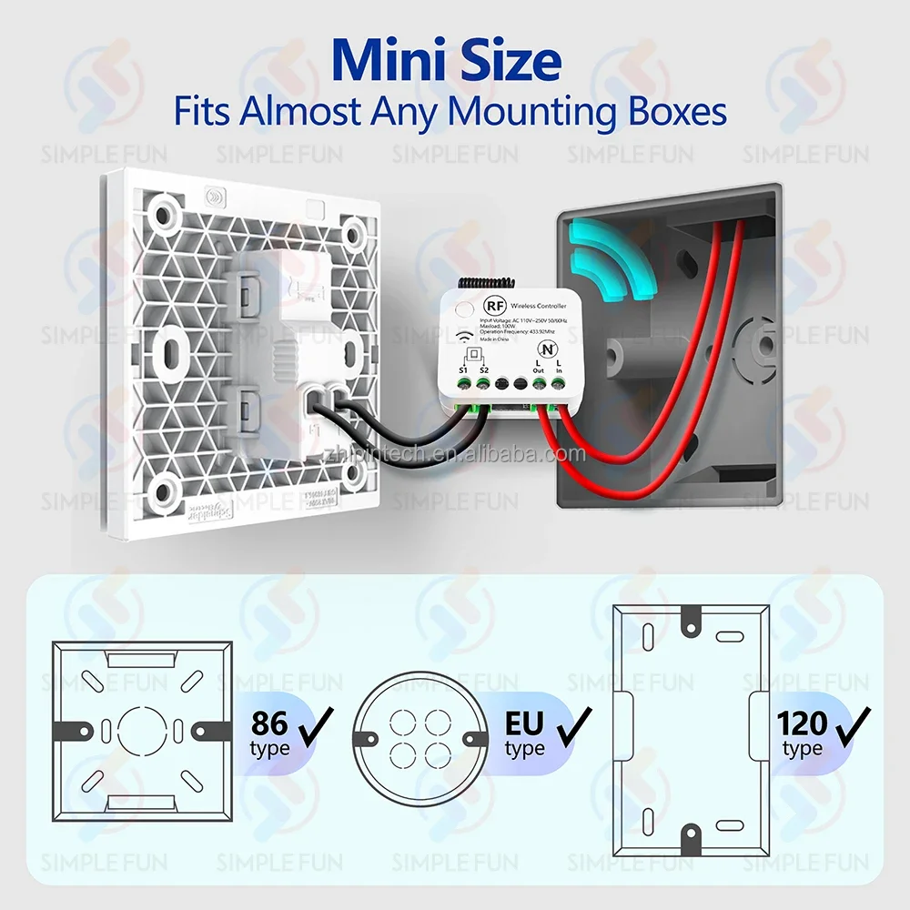 433MHZ mini remote control light switch 50m distance 10A without neutral wire, AC 110V~ 250V single live wire RF relay 86 switch