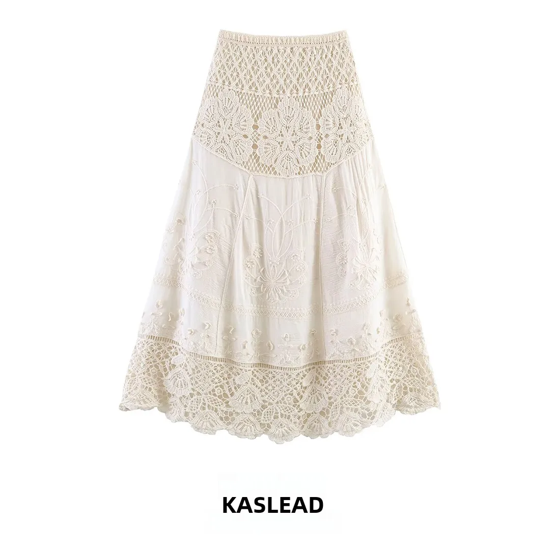 KASLEAD New Fashionable Hollow out Splice Embroidery  Skirt Women's Standard Fit Summer Season Polyester Fiber