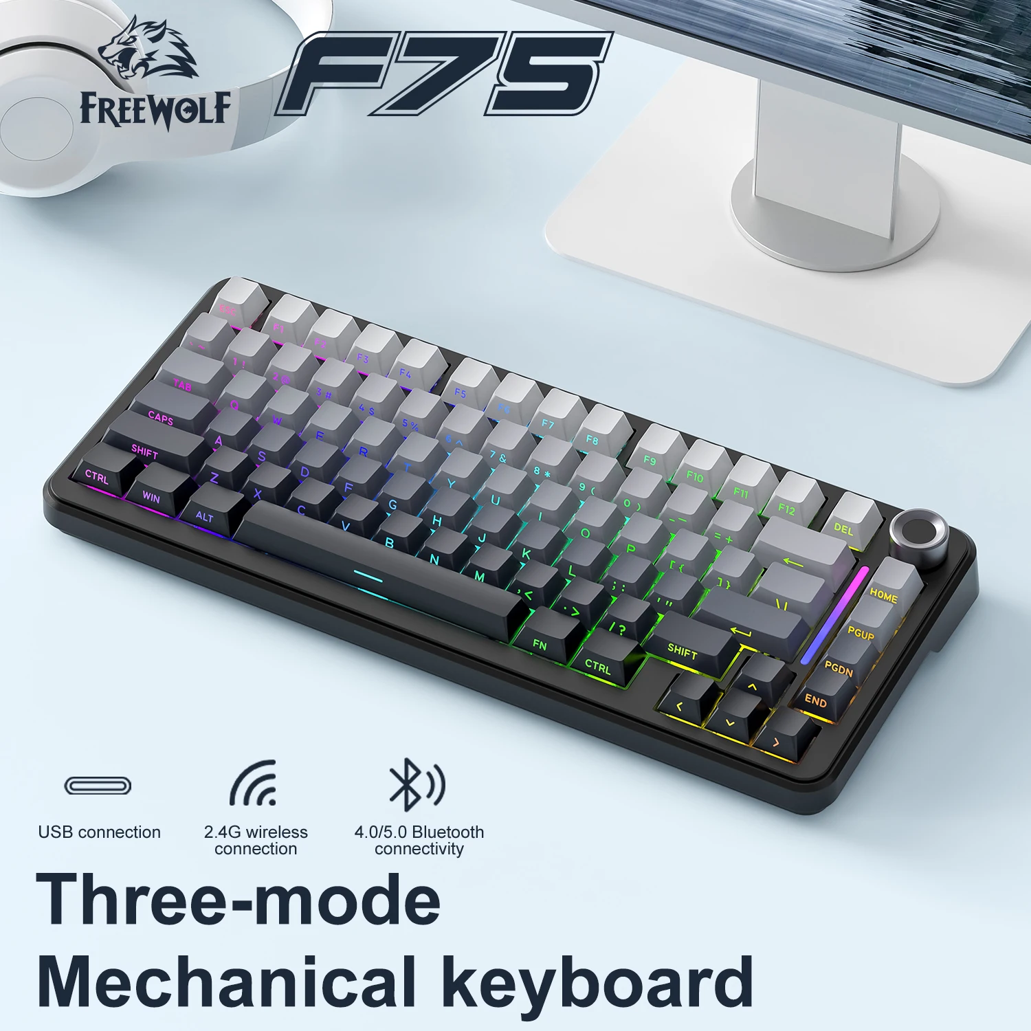 FREEWOLF F75 Mechanical Keyboard 75% Five-layer filling for Noise Reduction, Tri-Mode, Multifunctional Metal Knob, RGB Backlight