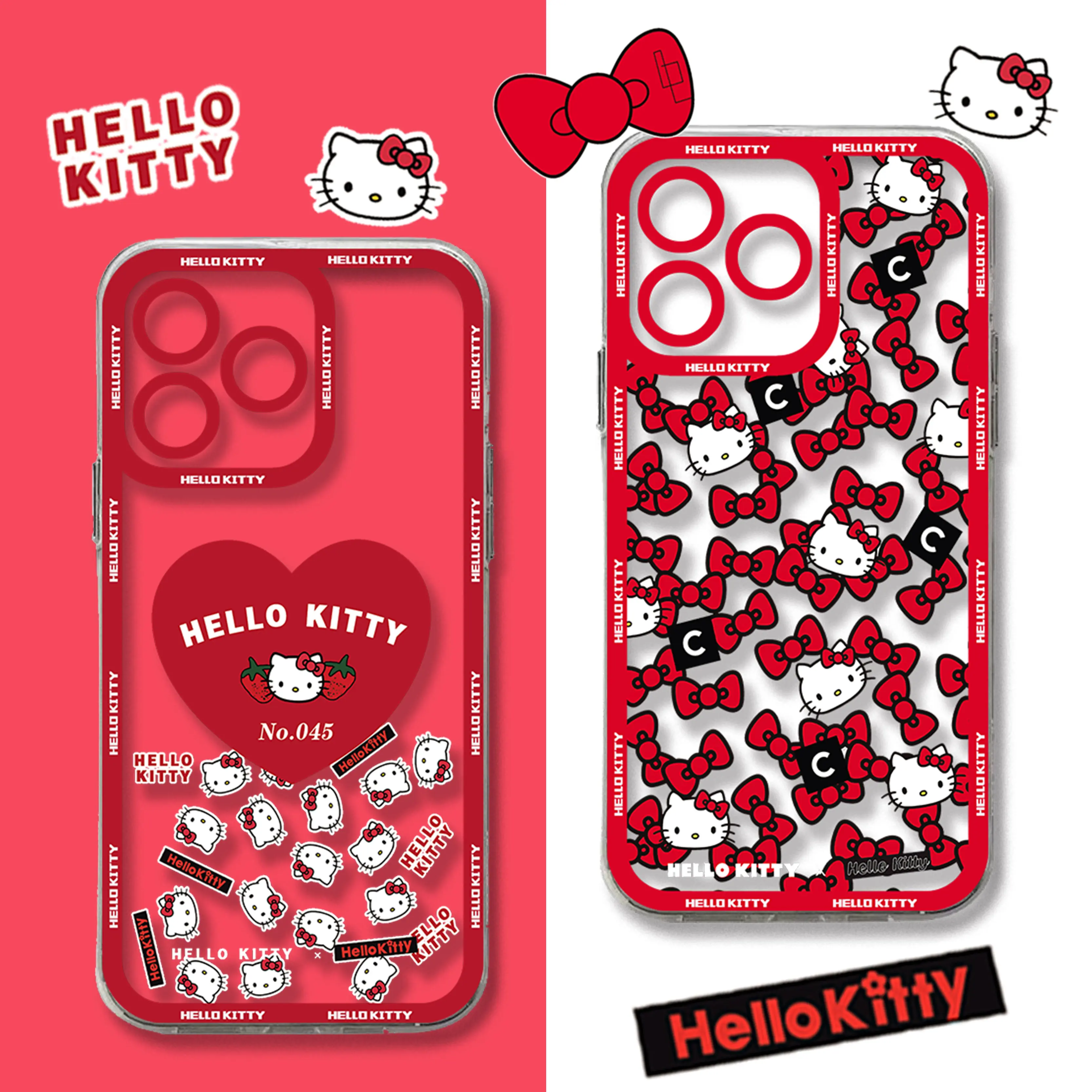 Red Cute Hello Kitty Hot Cartoon Phone Case For iPhone 15 14 13 12 11 Mini Pro Max X XR XSMax 7 8 Plus SE20 Transparent Cover