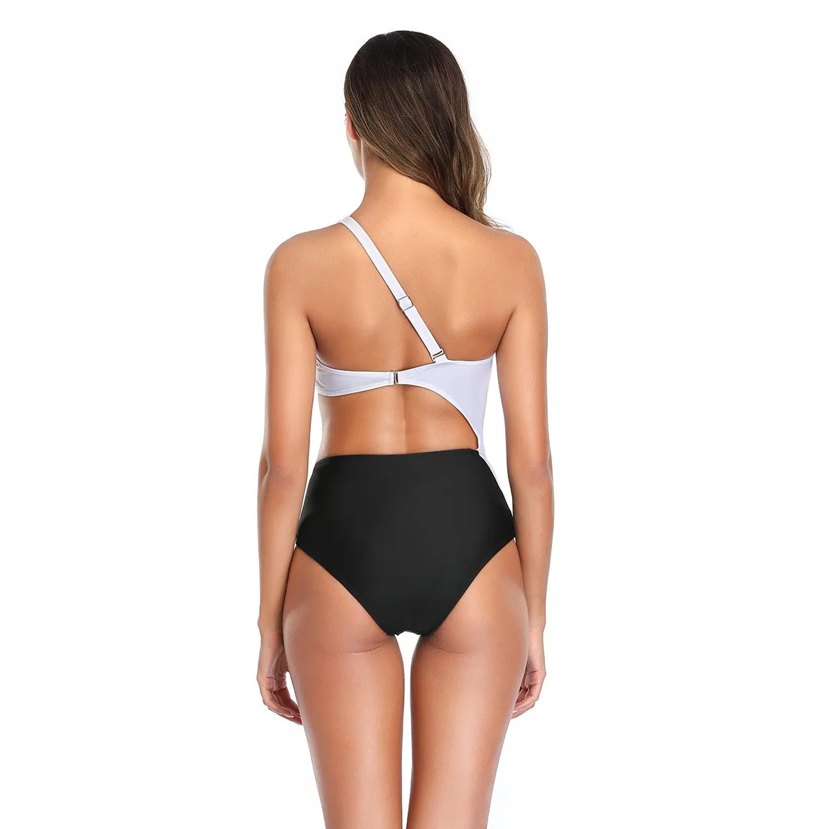 Woman Tankini One Shoulder High Waist Bottom Side Cut Out Solid White Two Piece Swimsuit with Adjustable Back Strap Satin Finish