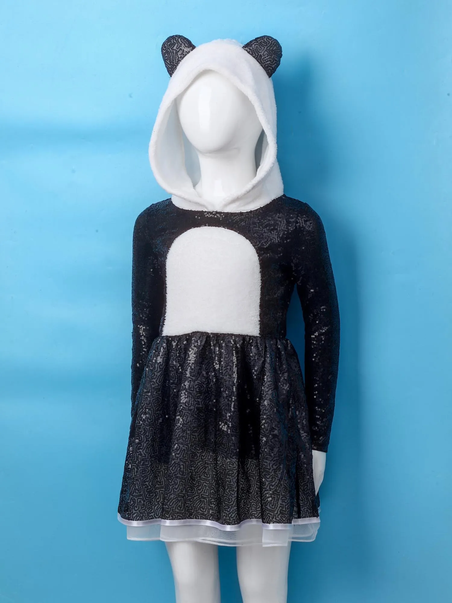 

Girls Shiny Sequins Panda Outfits Animal Theme Party Fancy Dress Long Sleeve Patchwork Hooded Dress for Stage Performance