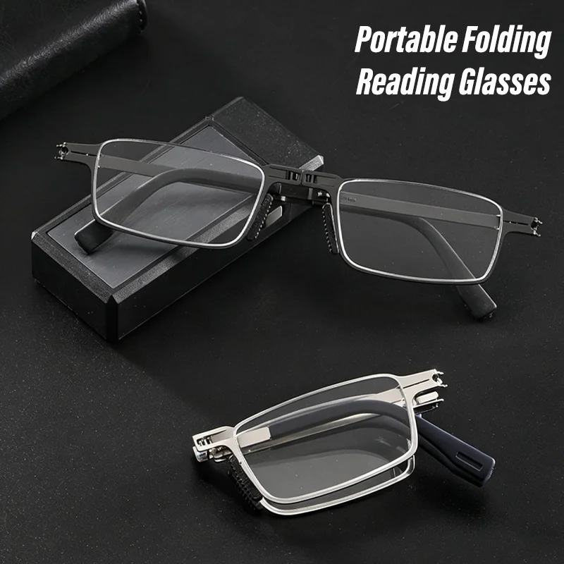Tragbare, faltbare Lesebrille, Brille kaufen, gratis Etui erhalten, Rahmen aus Eisenlegierung, lässiger Stil, mit Sehstärke für Männer und Frauen