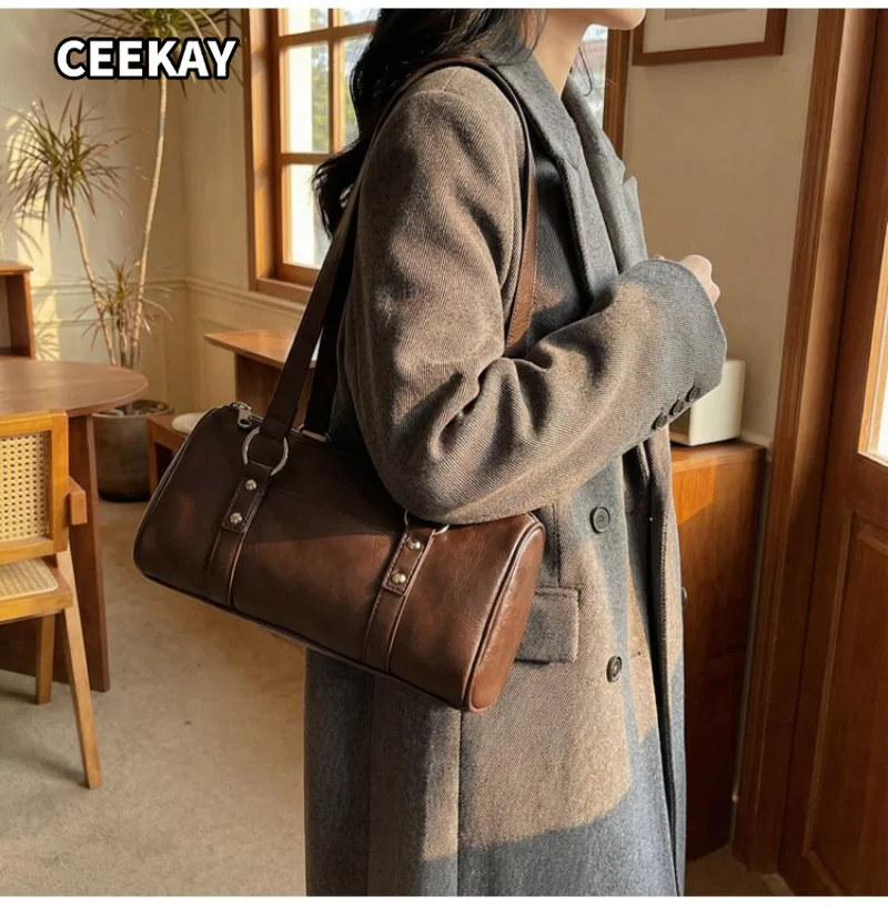 CEEKAY Women's Shoulder Bag Dark Brown Glossy PU Leather Long Barrel Handbag Metal Ring Detail Daily Casual Minimalist