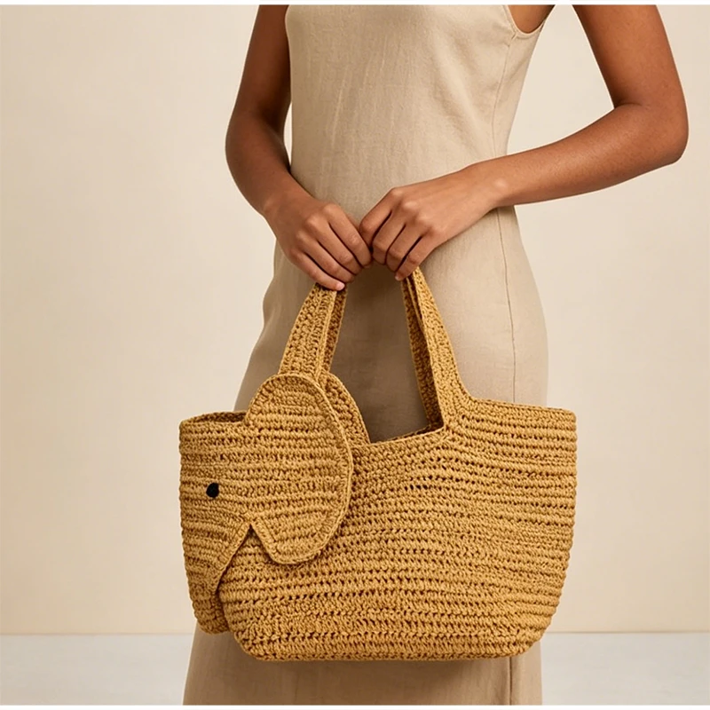 Elefantenförmige Raffia Handgewebte Strohtasche, Damen Schultertasche, Sommer Strand Urlaub Seaside Casual Tragetasche, Leichtgewichtig – Detail 24