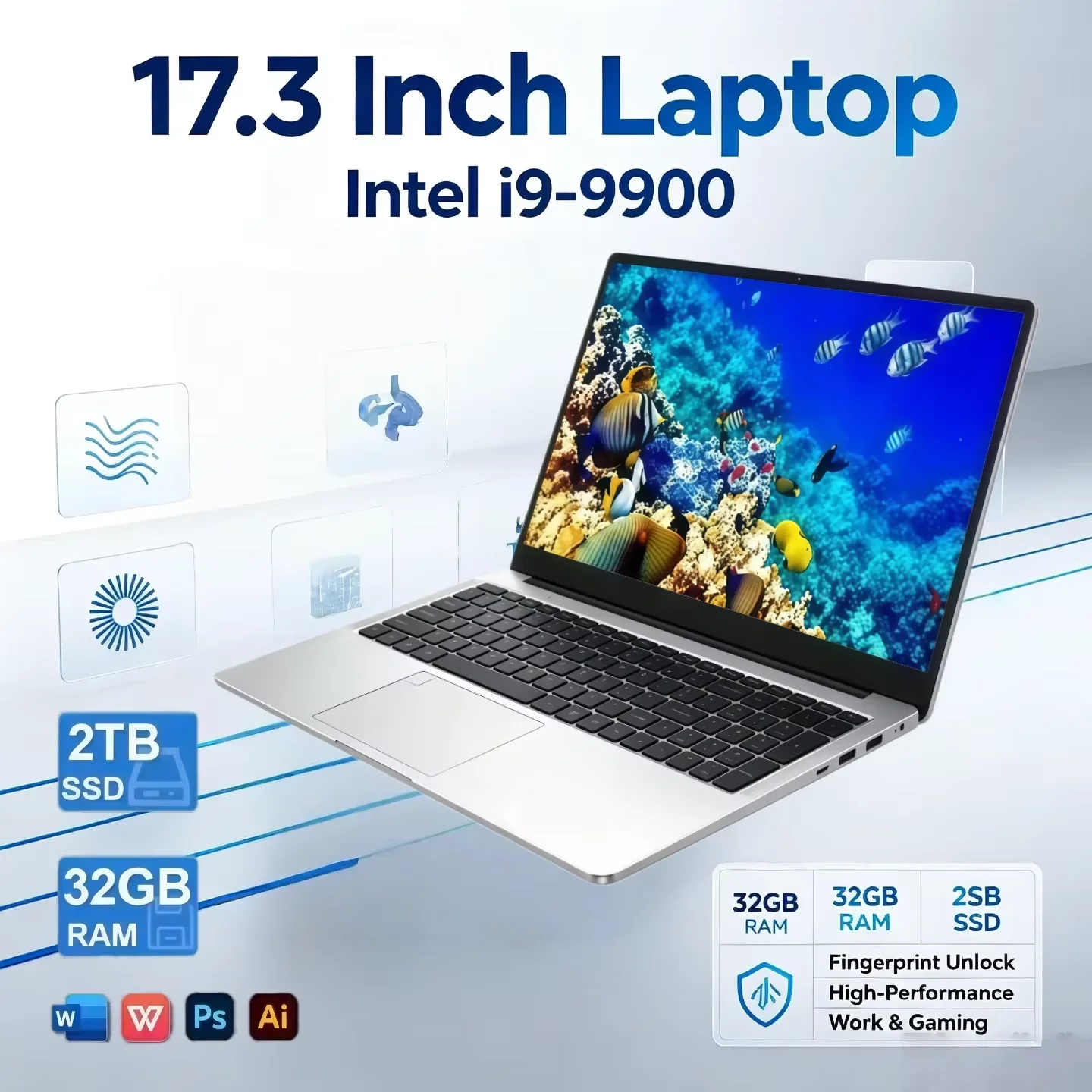 Intel Core i9 9900 Laptop 17.3 Inch 32GB RAM 2TB SSD Fingerprint Unlock Multitask Without Limits Work Gaming High Performance