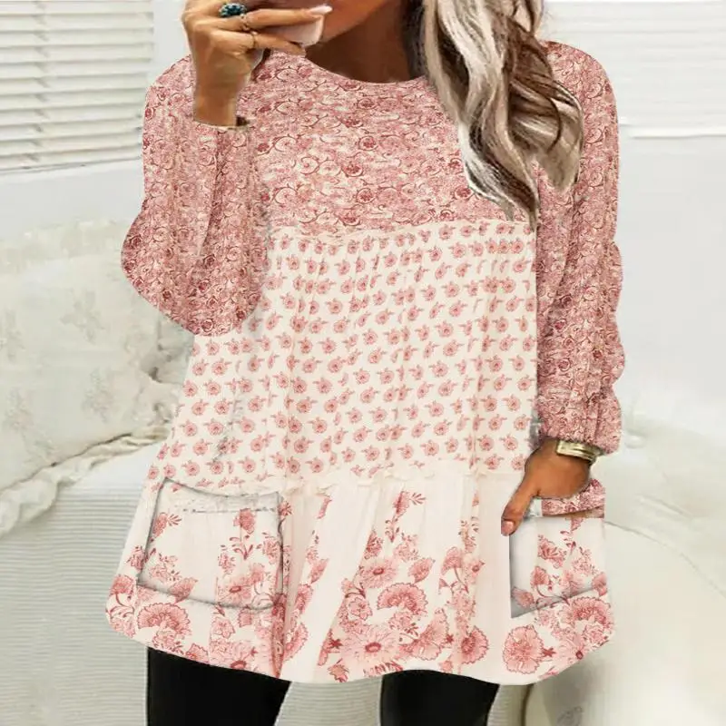 

Plus Size Women Long Sleeve Scoop Neck Floral Printed Graphic Pockets Top