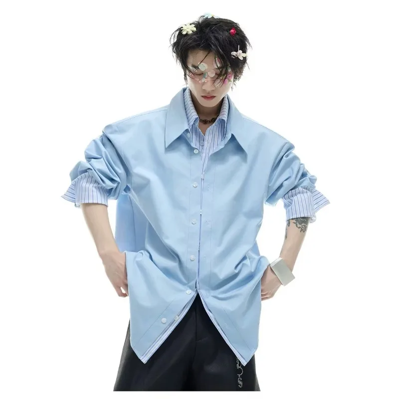 Men's Oversized Shirt with Striped Contrast Collar Cuffs