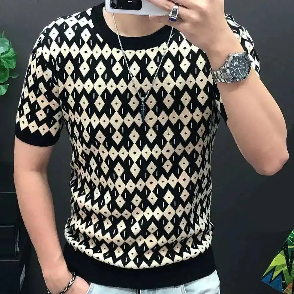 

Diamond Check Contrast Knit T-Shirt High Elasticity Short Sleeve Slim Bottomed Tshirt Men Top Quality Streetwear Knitted Top