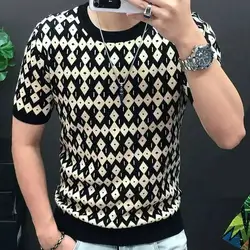 メンズ半袖Tシャツ,ダイヤモンド,対照的なニット,伸縮性,スリム,高品質のストリートウェア,ニットトップ