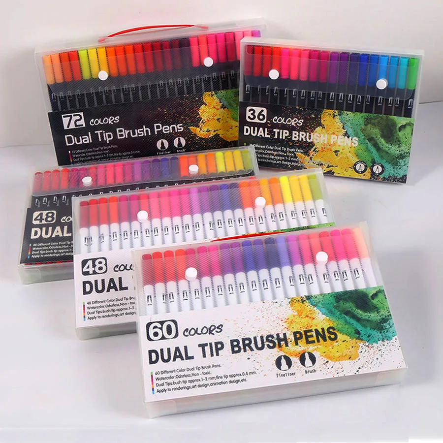 12-120 Colors Felt Tip Drawing Watercolor Art Markers Pen Dual Brush Fineline Colouring sketch Pen Set for Calligraphy Painting