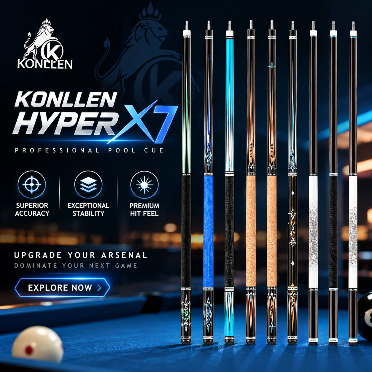 KONLLEN Carbon Fiber Pool Cue 2.0 58in, Low Deflection Performance Cue, 12.5mm Tip, Pro Taper Shaft for Accurate Consistent Shot
