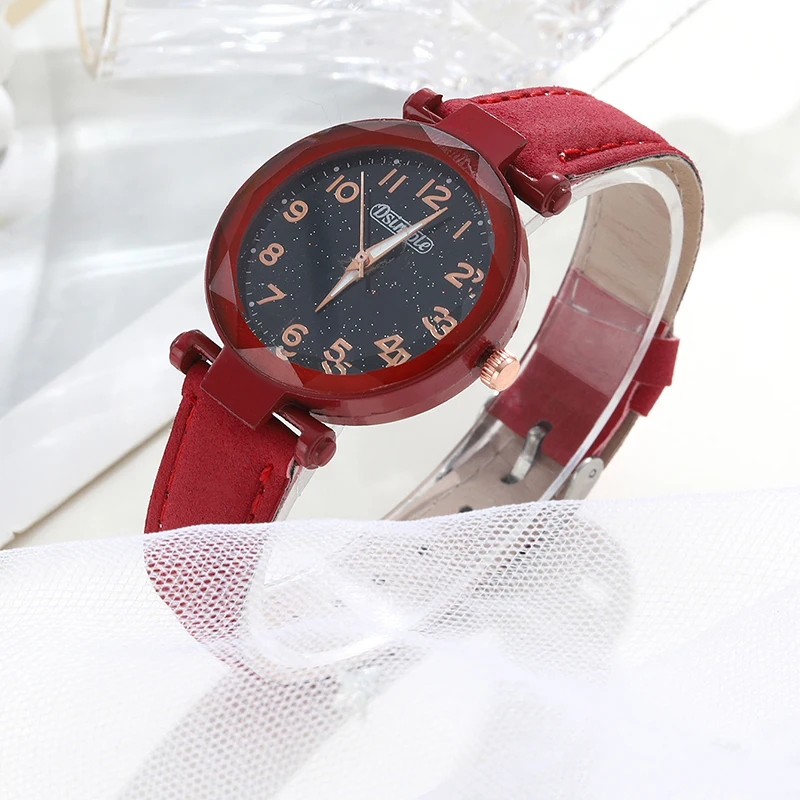 5PCS Set Women Starry Sky Dial Watch Brand Design Female Clock Red Leather Band Ladies Watches Simple Casual Womens WristWatch