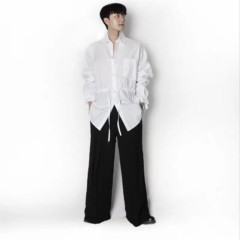 Korean Men's Plus Size Coat Tight Waist Slim Cotton Long Sleeve Shirt Spring All-match Loose Solid Color Fashion Casual Clothes