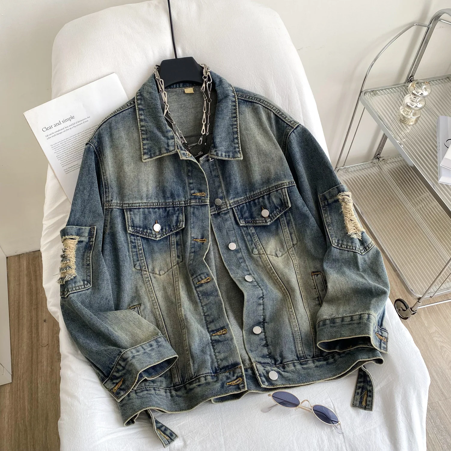 

Denim Coats Women Hole Coat Turn Down Collar Jackets Casual Loose Y2k Streetwear Work Elegant Splice Jacket Autumn Winter