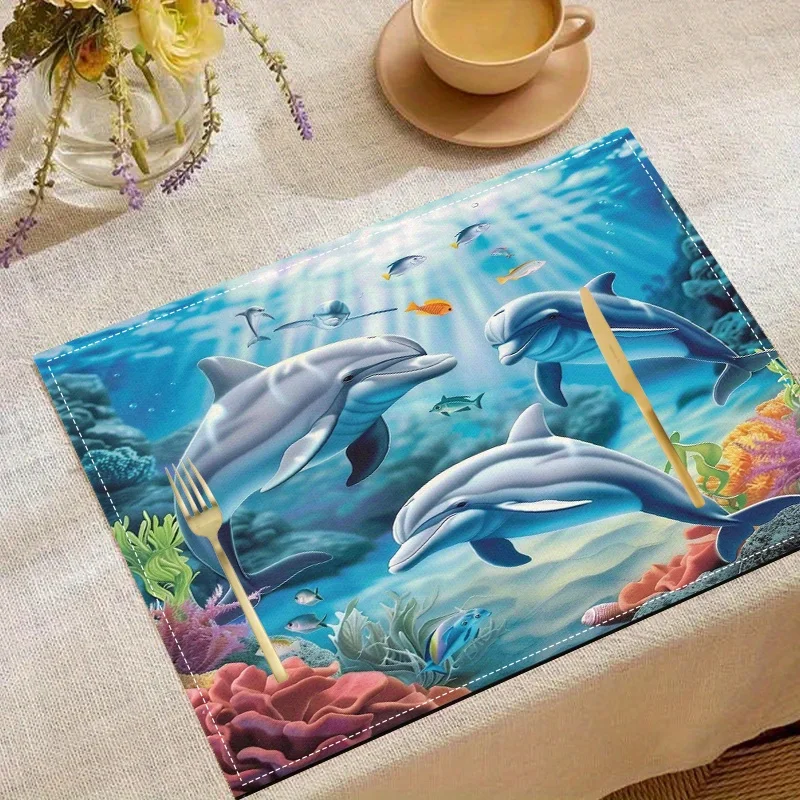 4/6/8pcs, Dolphin Print Placemats Kitchen Dining Table / Durable Table Mats for Surface Protection  Home Kitchen Table Additions
