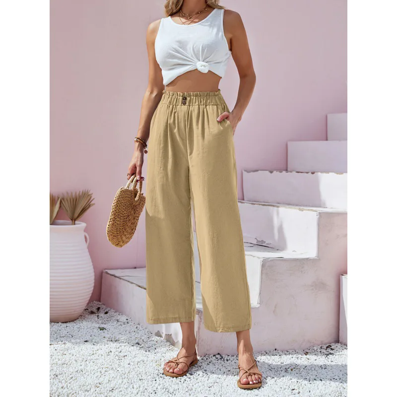 Women's High Waisted Lotus Leaf Elastic Waist Cotton Linen Casual Pants Office Lady Pocket Splicing Straight Trousers Femme