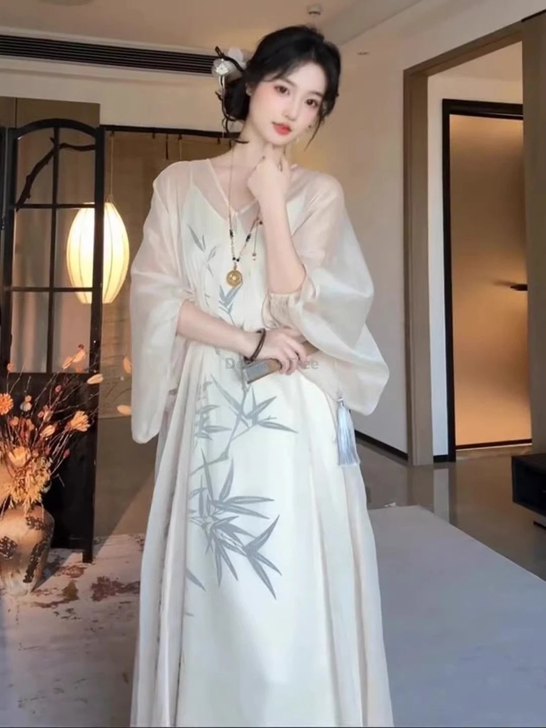New Chinese-style Zen-inspired gentle temperament V-neck camisole robe Spring Summer women loose A-line long hanfu dress