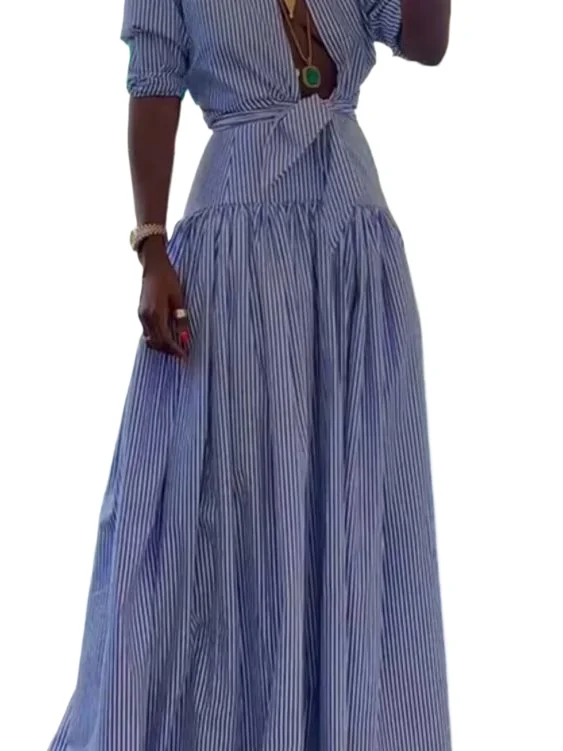 فستان قميص مخطط أنيق للنساء كاجوال بأكمام طويلة وزر واقف ورباط علوي فساتين رداء نسائي للمكتب ملابس نسائية