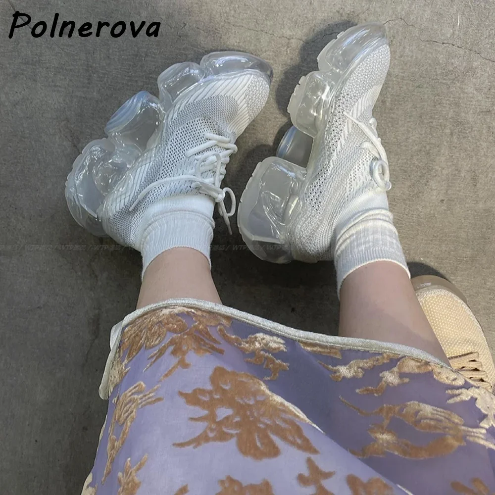 Bubble Heels Air Mesh Pumps Transparent Thick Soled High Increase Elastic Knit Fashion Shoes Women's Lovely Concise Shoes
