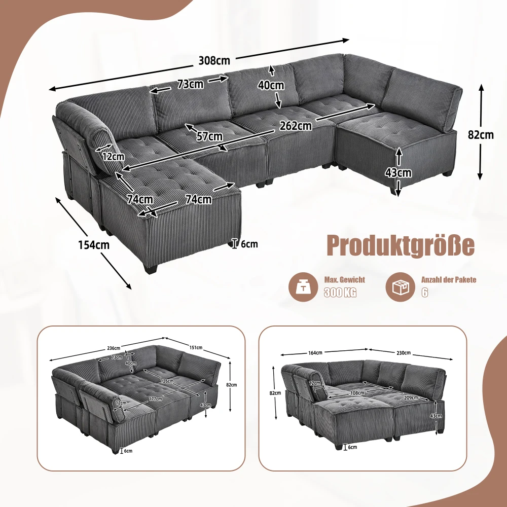 Sofa Modulares 6-Sitzer-Sofa, Kordelstoff, ergonomisch, Aufbewahrungstaschen, flexibel kombiniert als U-Form/L-Form/Sofabett – Detail 23