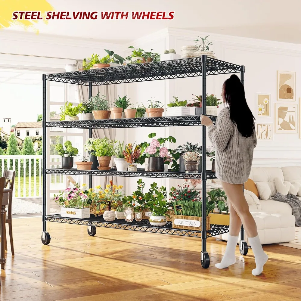 55.5''W Storage Shelves 2500LBS Wire Shelving Unit with Wheels Heavy Duty Metal for Adjustable Garage Rack Pantry Shelf