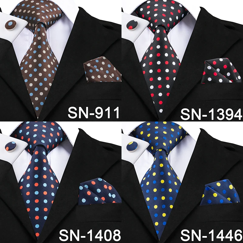 Hi-Tie Designer-Krawatten mit Punkten, 100 % Seide, für Herren, 8,5 cm breit, Business-Hochzeitskrawatten, Taschentücher, Manschettenknöpfe-Set
