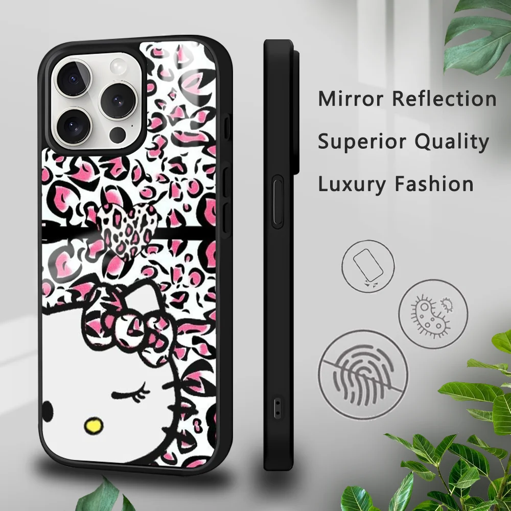 

Hallo Kitty Pink Leopard Print Phone Case For iPhone 15 14 13 12 11 Pro Xs Max Mini XR X 7 8 Plus luxury Mirror Hard Funda Cover