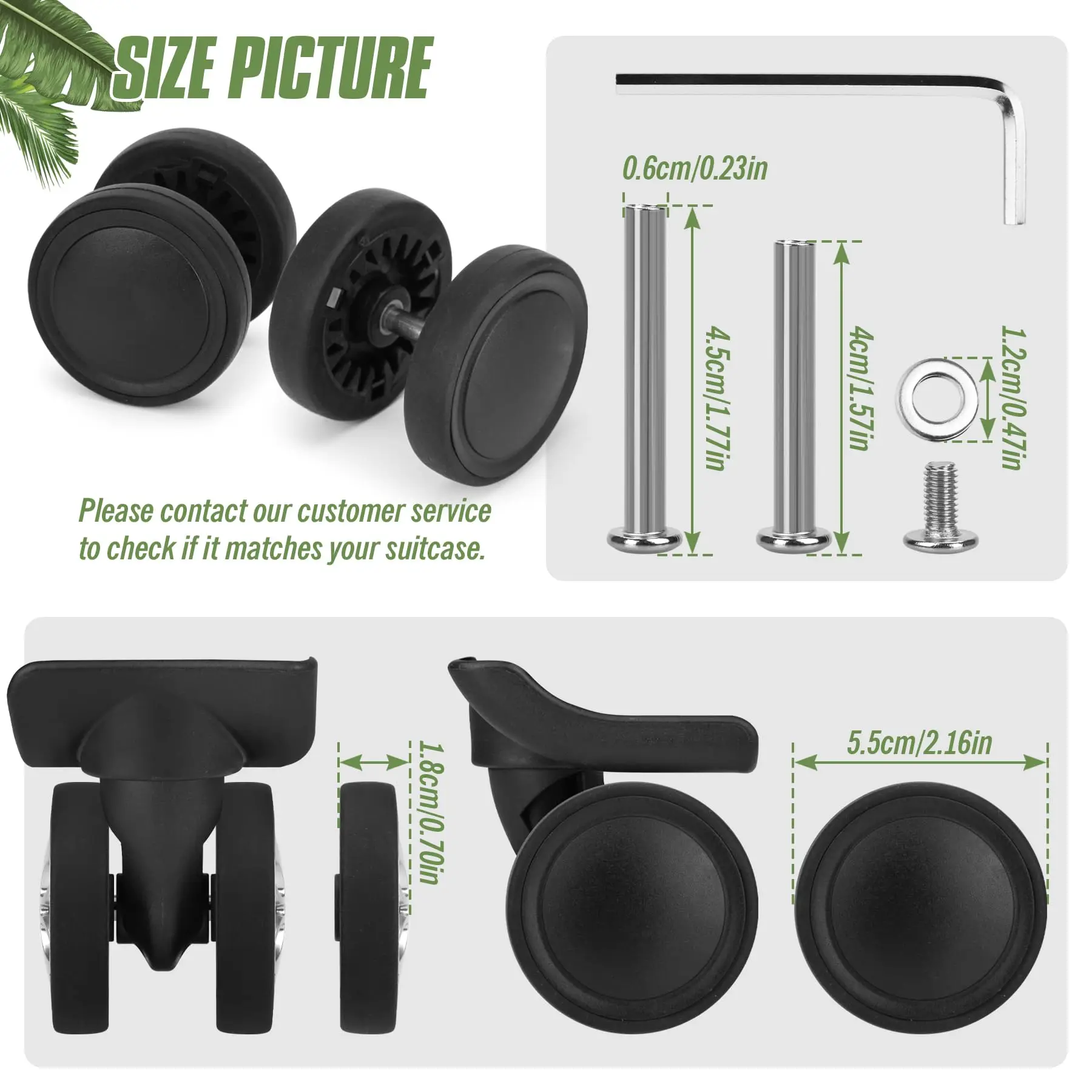 8Pcs Luggage Replacement Wheels Kit Black Suitcase Repair Wheel W/H Screw Wear-Resistant Trolley Wheel 55mm Axles Caster Parts