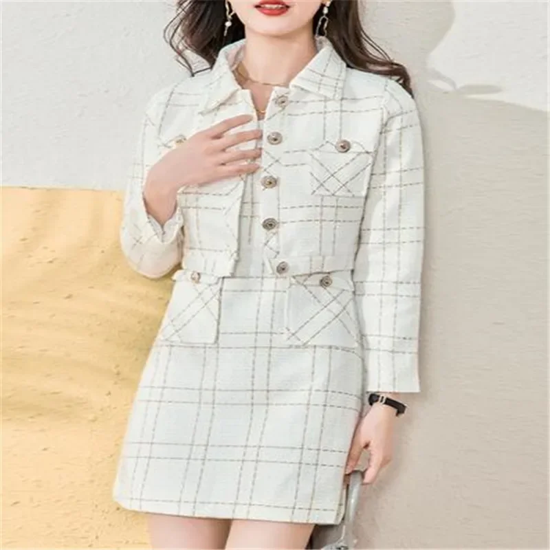 Tweed Long Sleeve Single Breasted Jacket Coat Elegant Fashion Casual Sleeveless Slim Dresses Vintage Sweet Street Fashion New