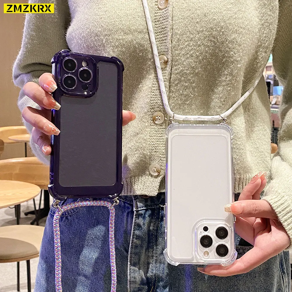 Crossbody Necklace Cord Strap Lanyard Case For iPhone 14 13 12 11 Pro Max X XR XS 7 8 Plus Shockproof Silicone Bumper Hard Cover