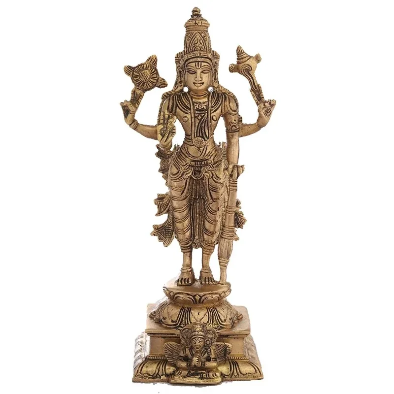 Handcrafted 9-inch Four-Arm Vishnu Brass Sculpture Unique Indian Gift Artwork