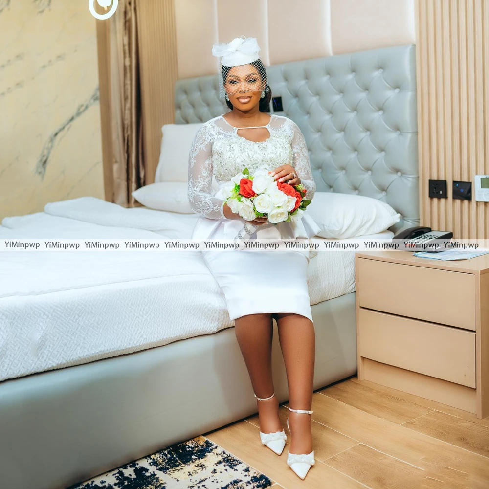 African Lace Civil Wedding Dresses Full Sleeves Crystal Mermaid Satin Layered Bridal Gown Robe De Mariee Customized Tea-Length