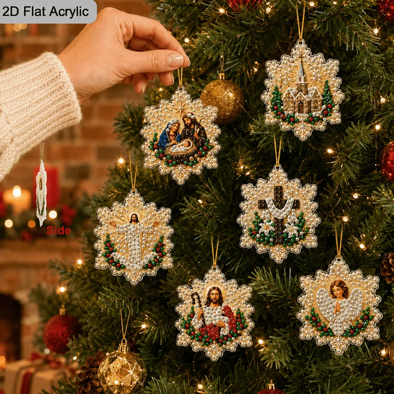 2D Flat 6Pcs DIY Snowflake Shaped Diamond Painting Kit, Acrylic Religious Christmas Ornaments, Nativity Church Cross Jesus