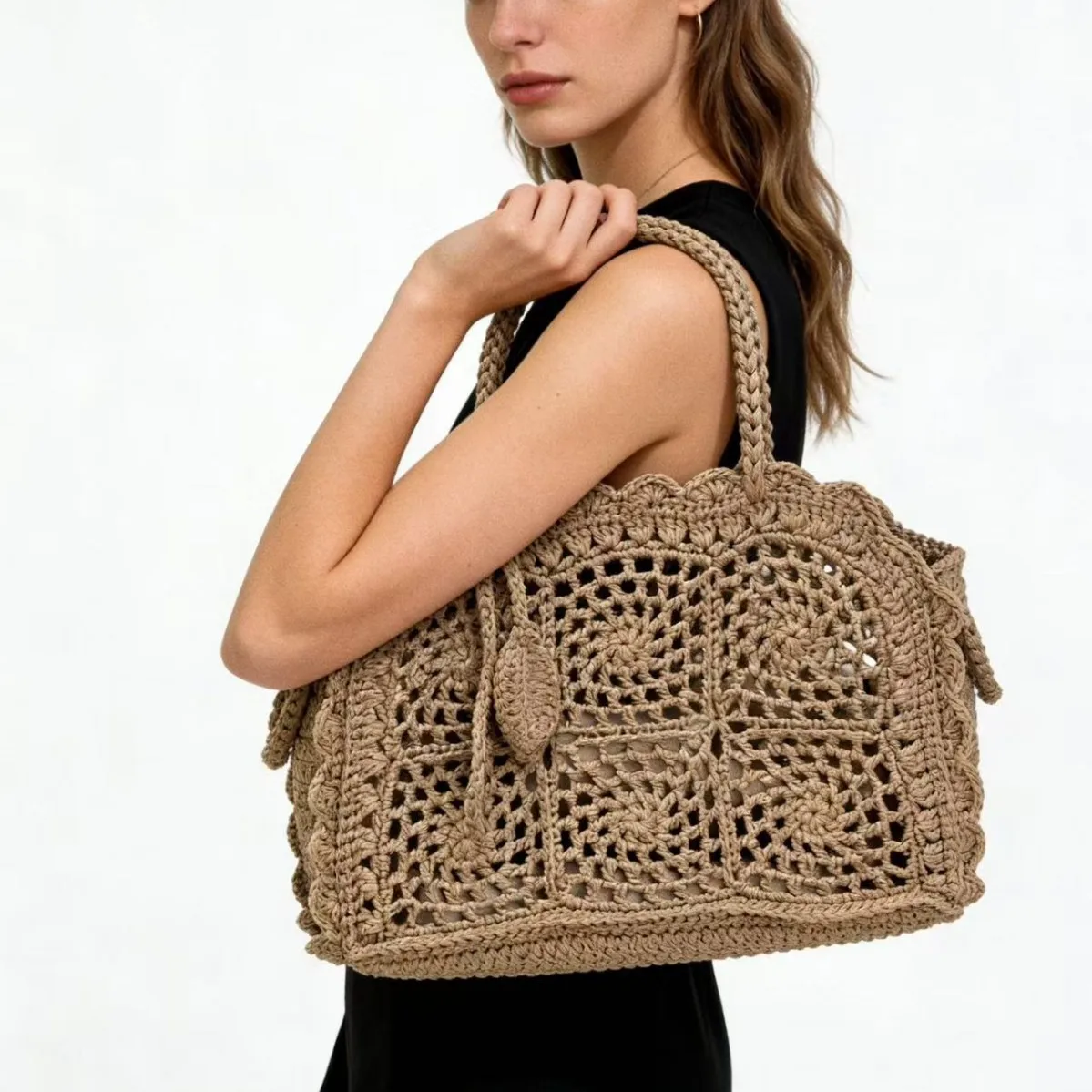 Hollow Out Decorate Handmade Knitting Bags For Women Luxury Designer Handbag Purse New Casual Vacation Large Capacity Shoulder