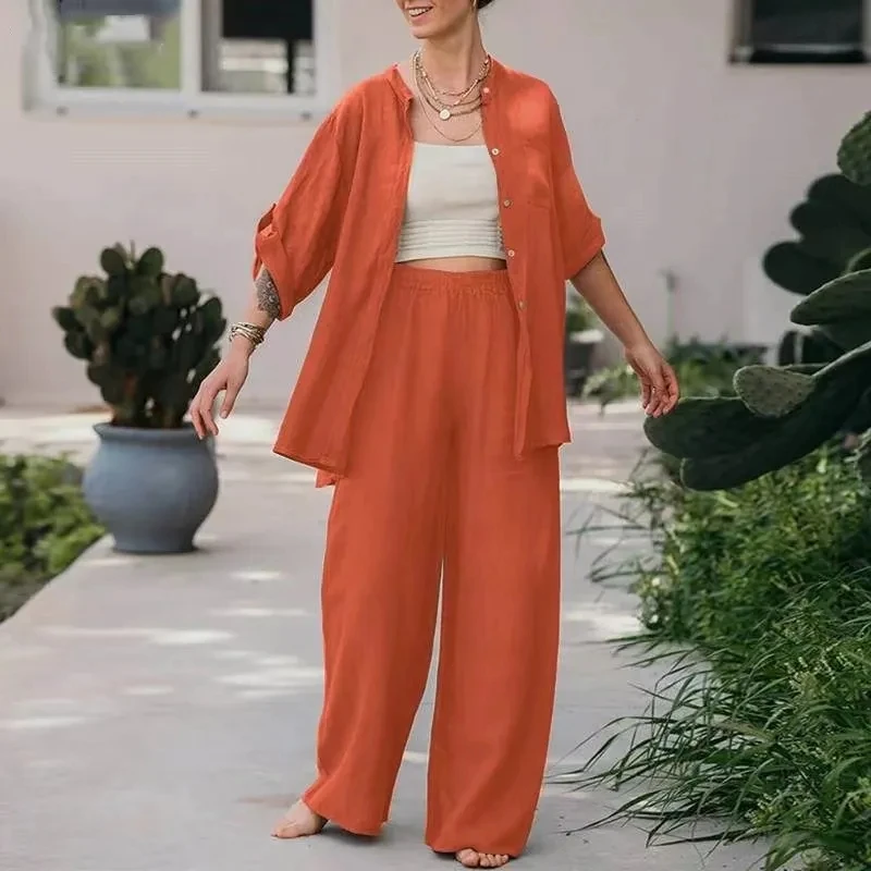 Fashion Roll-up Shirt + Trousers 2 piece Set Women's Spring Autumn Casual Loose Wide Leg Pocket Long Pants Vacation Suit Female