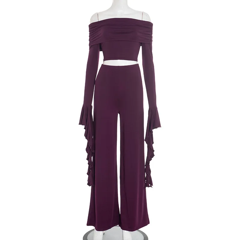 ชุดเซ็ตแฟชั่นผู้หญิง 2 ชิ้น สไตล์หรูหรา คอเฉียงผูกโบว์ แขนยาวทรงบานระบาย พร้อมกางเกงขายาวทรงกระบอก