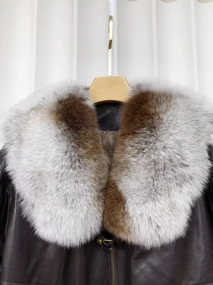 Winter New Warm Women Genuine Leather Goose  Down Coat Luxury Fox For Collar Sheepskin Jacket Loose Fit Ladies Casual Outerwear