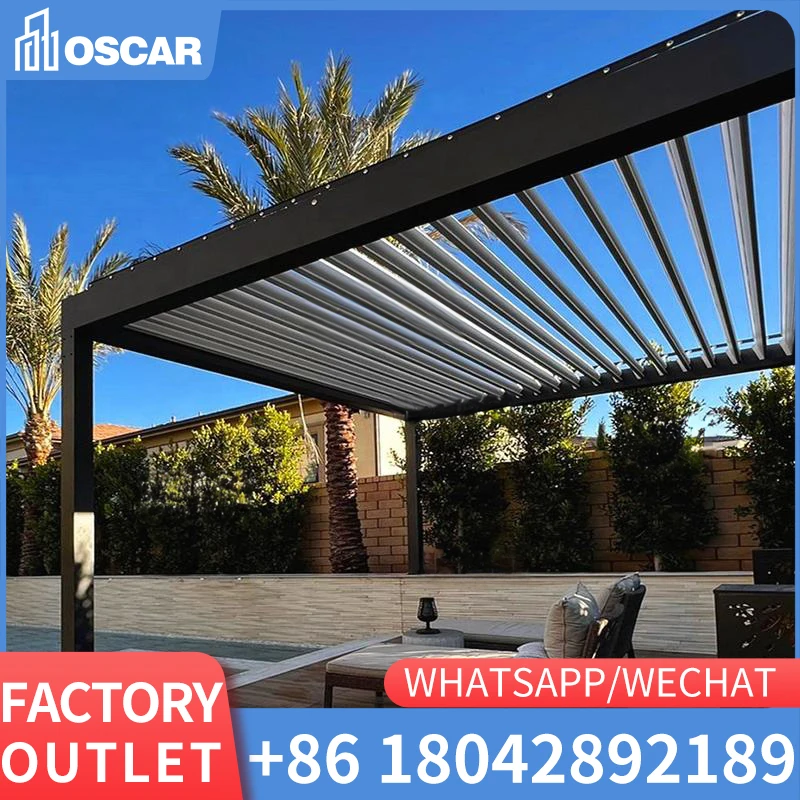 

Remote control electric metal gazebo outdoor waterproof garden aluminum louvered roof pergola with sliding glass door