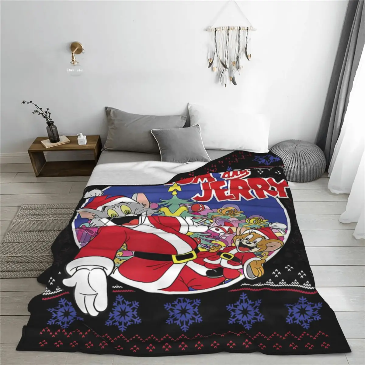 Tom And Jerry Merry Christmas Blankets Cartoon Anime Flannel Throw Blankets Home Couch Portable Ultra-Soft Warm Bedspread